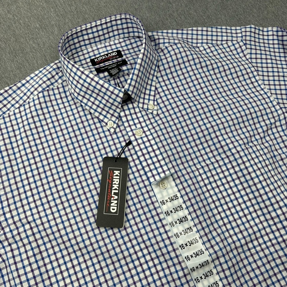 Kirkland Signature Traditional Fit Button Down Shirt Mens 16-34/35 White Blue
